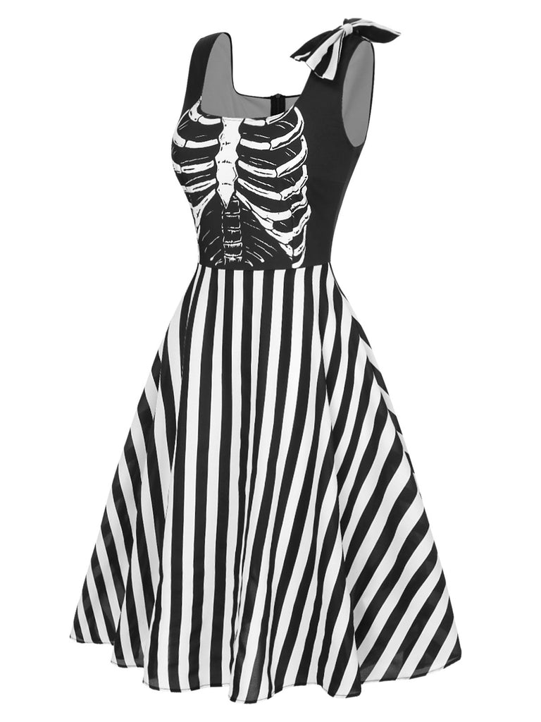 [Pre-Sale] Black 1950s Halloween Skeleton Vertical Stripes Dress