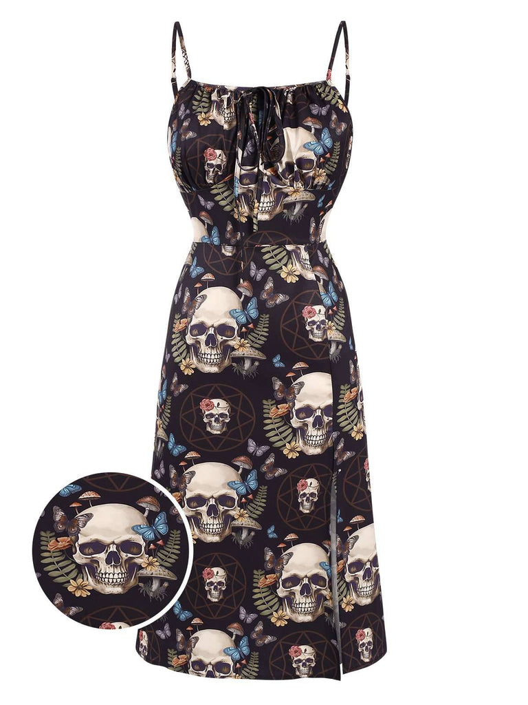 Black 1960s Halloween Floral Butterfly Skull Dress