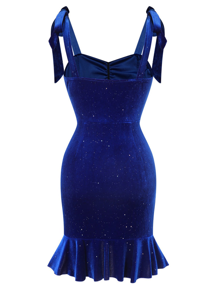 Blue 1980s Solid Ruffle Hem Velvet Dress