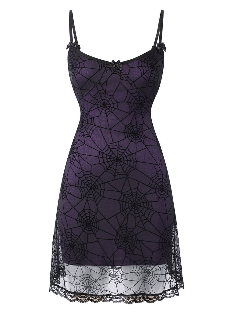 Purple 1960s Halloween Spider Web Lace Patchwork Dress