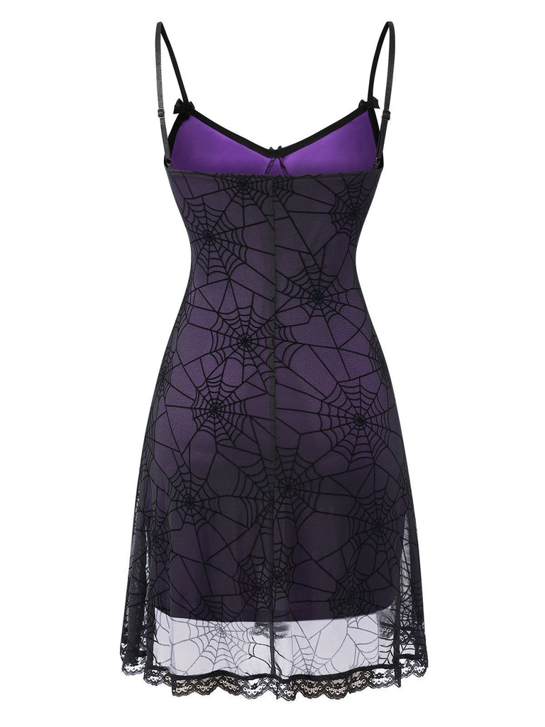 Purple 1960s Halloween Spider Web Lace Patchwork Dress