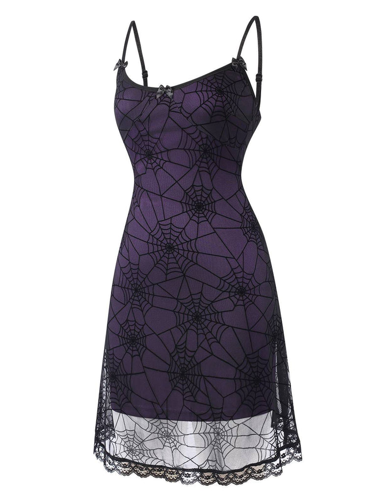 Purple 1960s Halloween Spider Web Lace Patchwork Dress