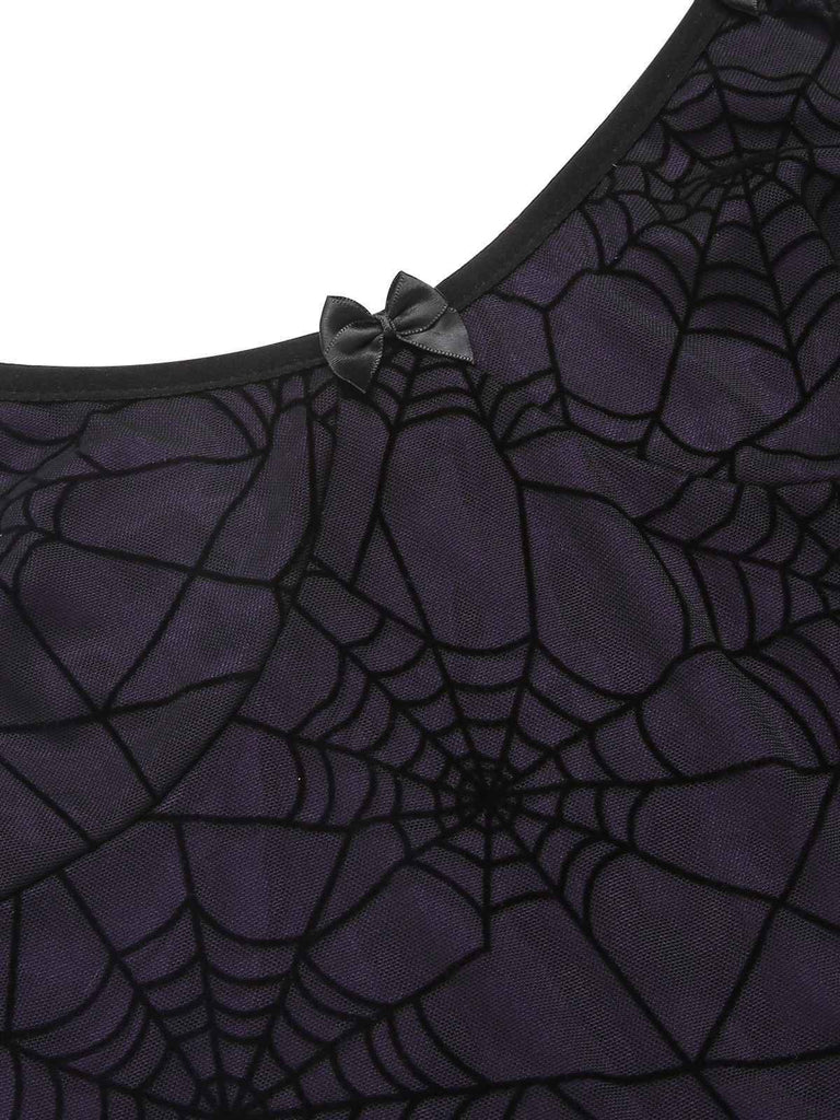 Purple 1960s Halloween Spider Web Lace Patchwork Dress