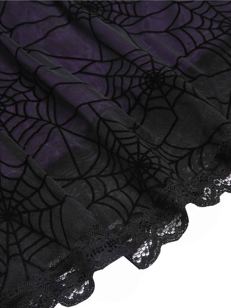 Purple 1960s Halloween Spider Web Lace Patchwork Dress