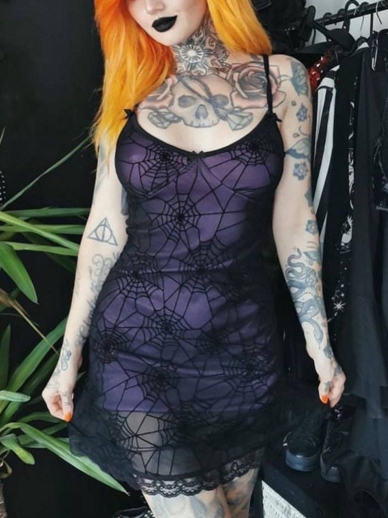 Purple 1960s Halloween Spider Web Lace Patchwork Dress