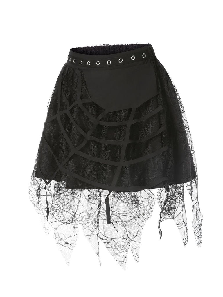 Black 1960s Grommet Halloween Spider Web Lace Skirt