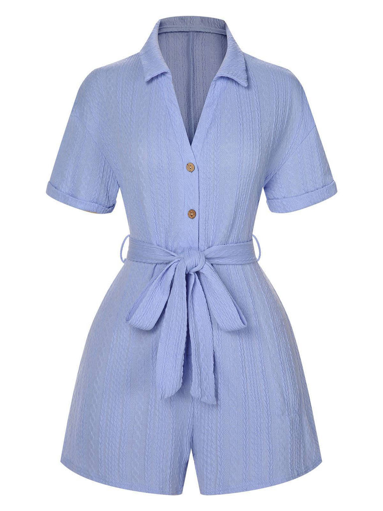 Blue 1950s Lapel V-Neck Button Belted Romper