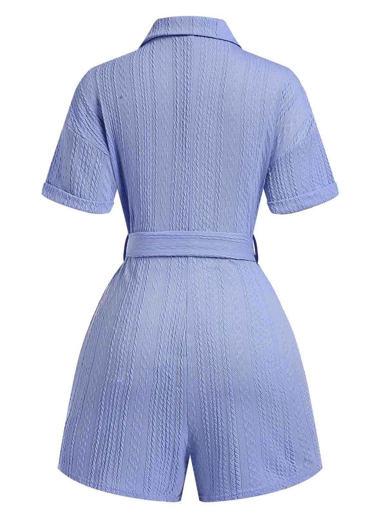 Blue 1950s Lapel V-Neck Button Belted Romper