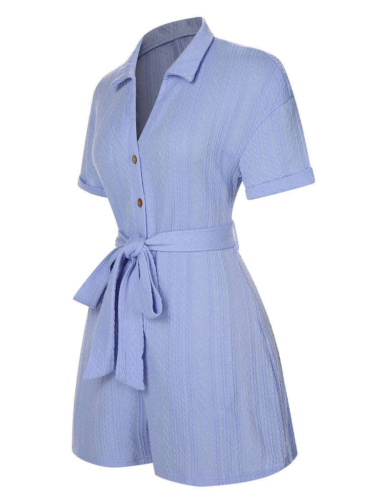 Blue 1950s Lapel V-Neck Button Belted Romper