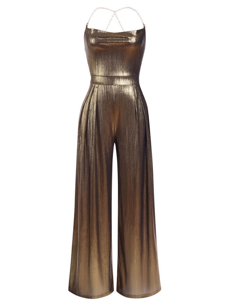 Metallic Gold 1980s Cowl Neck Spaghetti Strap Jumpsuit