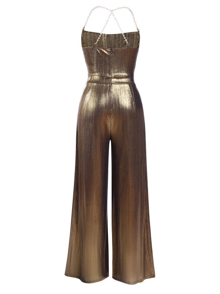 Metallic Red 1980s Cowl Neck Spaghetti Strap Jumpsuit