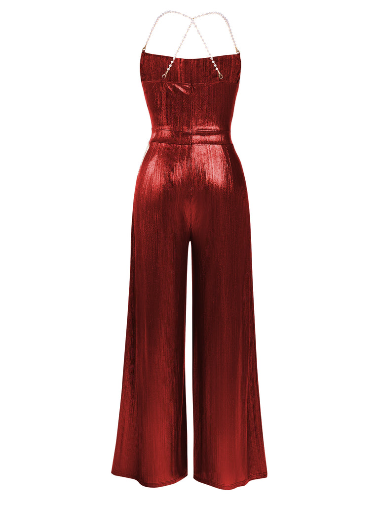 Metallic Gold 1980s Cowl Neck Spaghetti Strap Jumpsuit