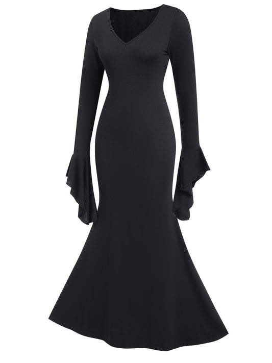 Black 1930s Sold Batwing Cuffs Fishtail Dress