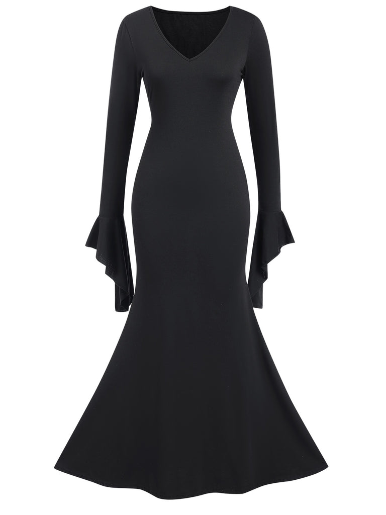 Black 1930s Sold Batwing Cuffs Fishtail Dress