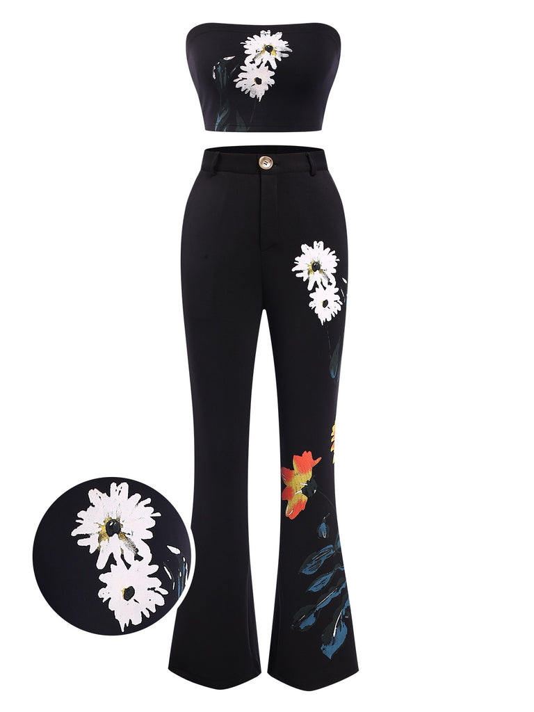 3PCS Black 1960s Floral Long Coat & Top & Pants Suit Set