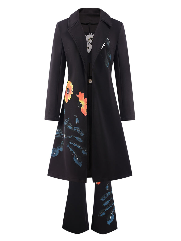 3PCS Black 1960s Floral Long Coat & Top & Pants Suit Set