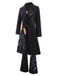 3PCS Black 1960s Floral Long Coat & Top & Pants Suit Set