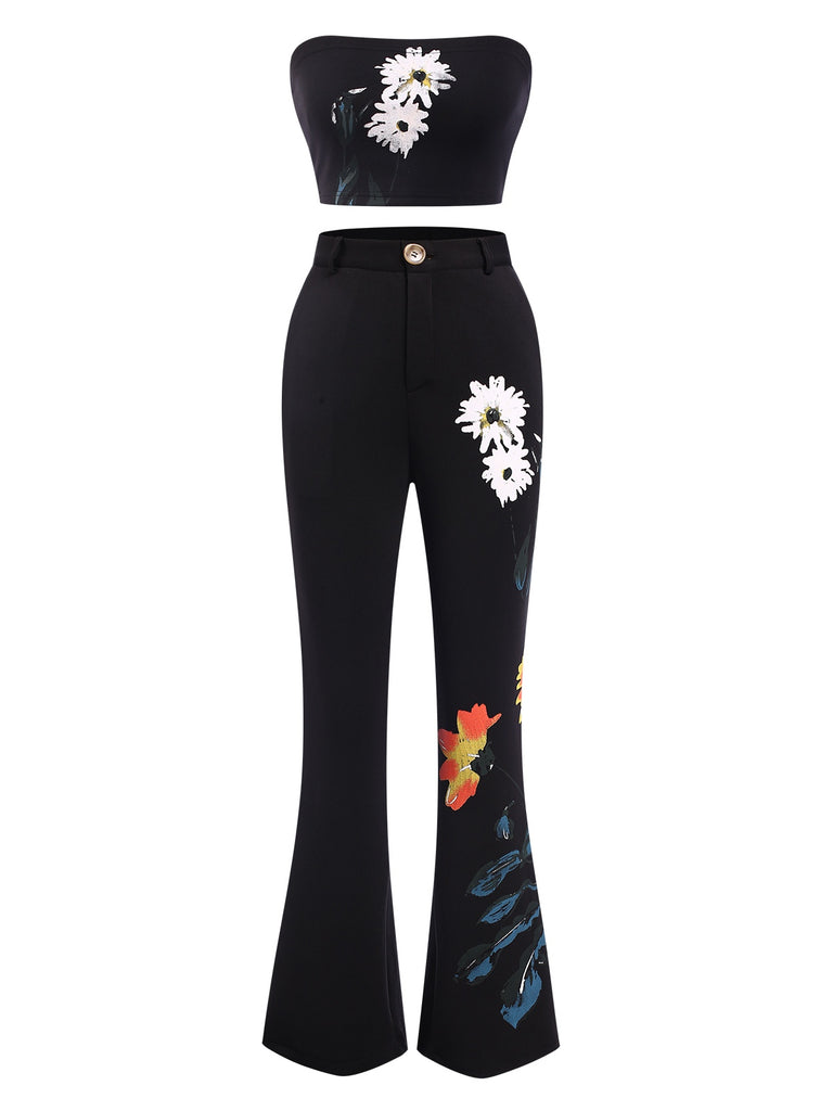 3PCS Black 1960s Floral Long Coat & Top & Pants Suit Set