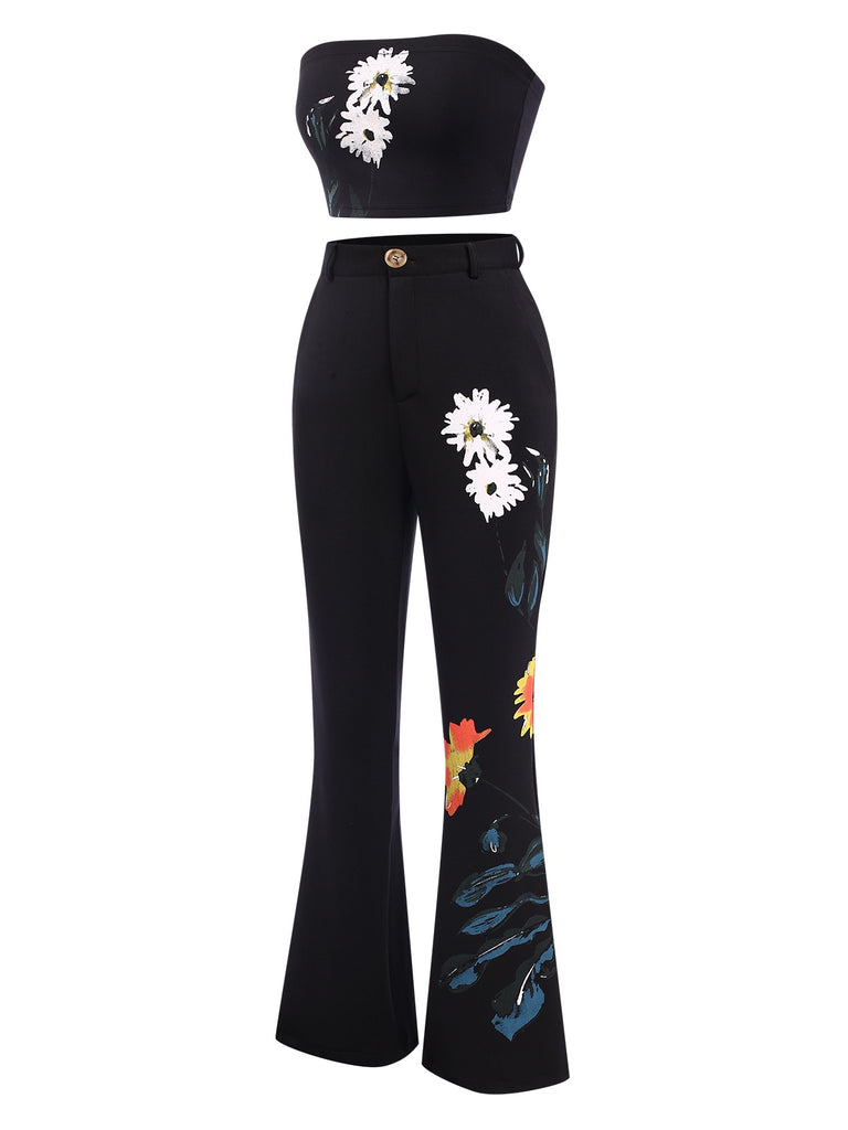 3PCS Black 1960s Floral Long Coat & Top & Pants Suit Set