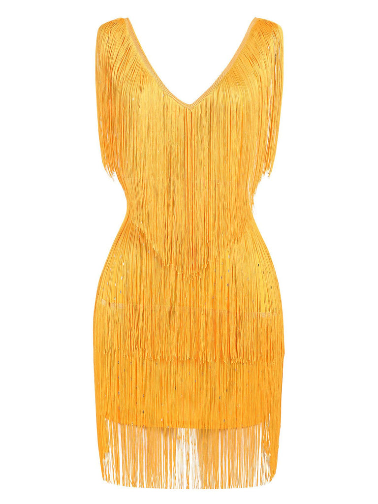 1920s V-Neck Fringe Solid Sleeveless Dress