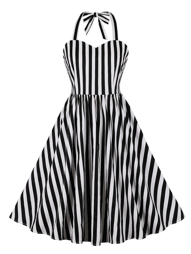 Black 1950s Vertical Stripes Halter Dress