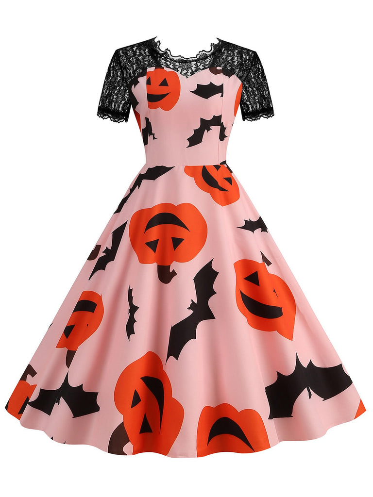 Pink 1950s Halloween Pumpkin Bats Lace Dress