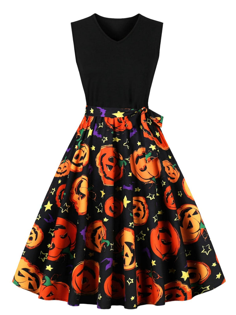 1950s Halloween Patchwork Belt Swing Dress