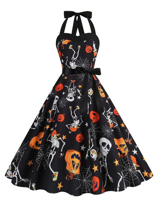 1950s Halloween Skull Halter Lace-Up Dress