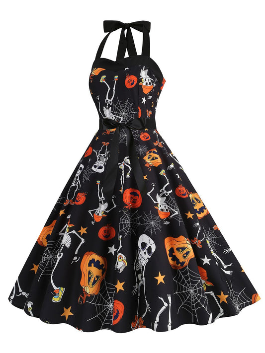 1950s Halloween Skull Halter Lace-Up Dress