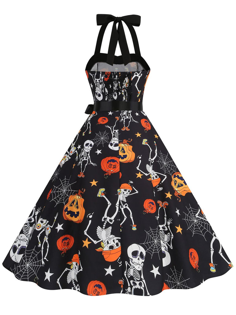 1950s Halloween Skull Halter Lace-Up Dress