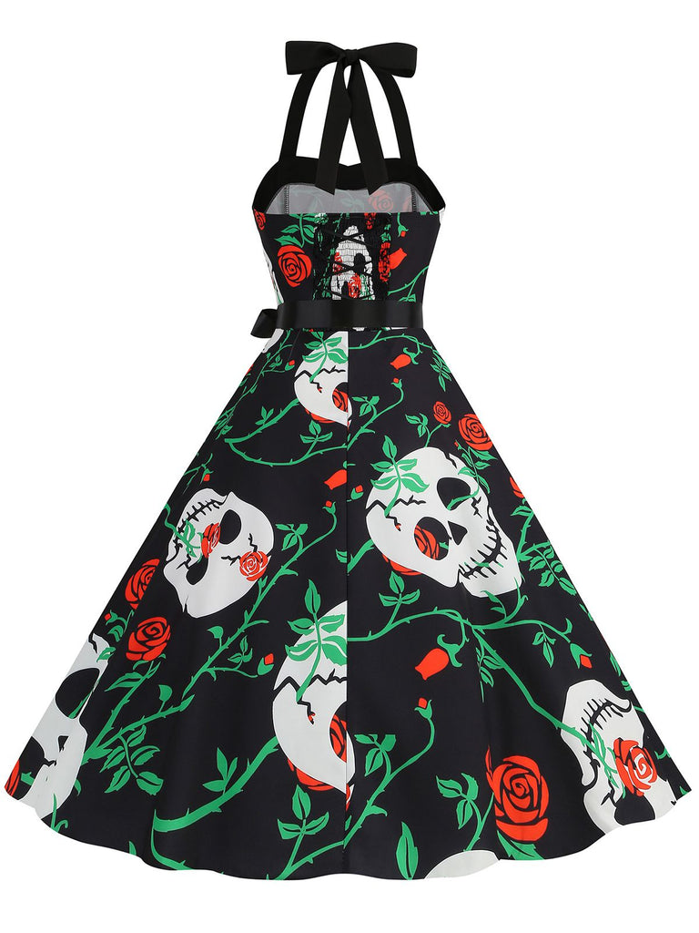 1950s Halloween Skull Halter Lace-Up Dress