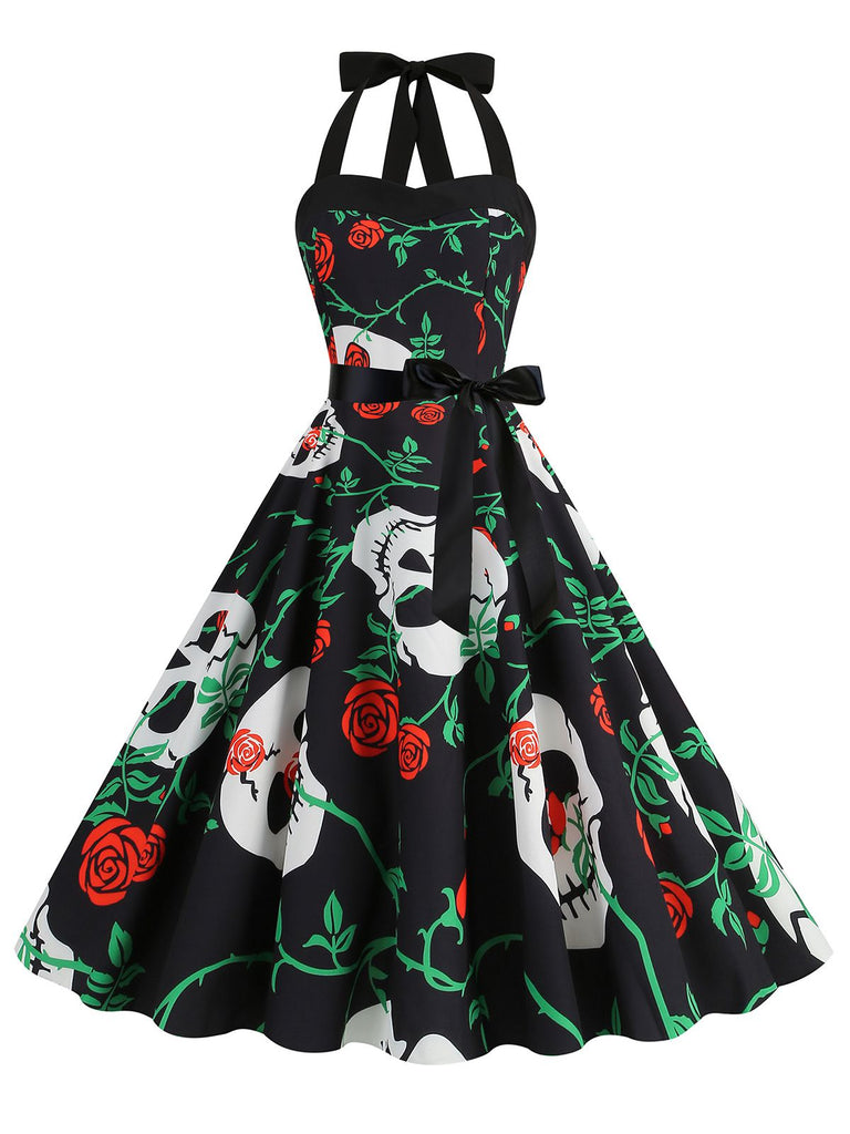 1950s Halloween Skull Halter Lace-Up Dress