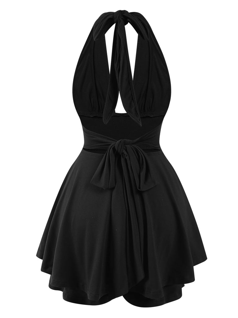 1950s Solid Deep V-Neck Halter Skirt Romper