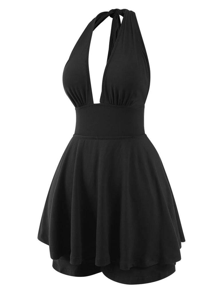 1950s Solid Deep V-Neck Halter Skirt Romper