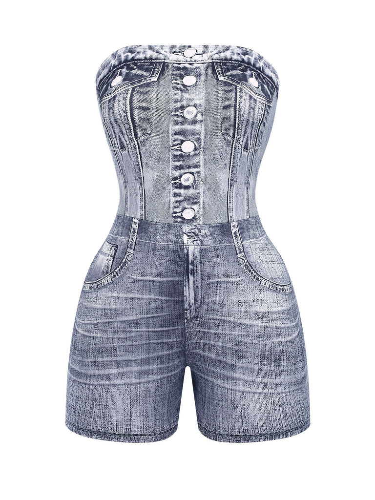 1950s Button Strapless Smocking Denim Romper