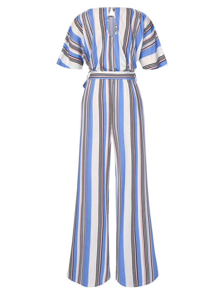 Royal Blue 1970s Stripes Back Hollow Jumpsuit