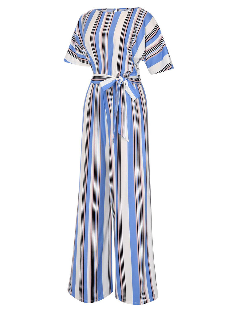 Royal Blue 1970s Stripes Back Hollow Jumpsuit