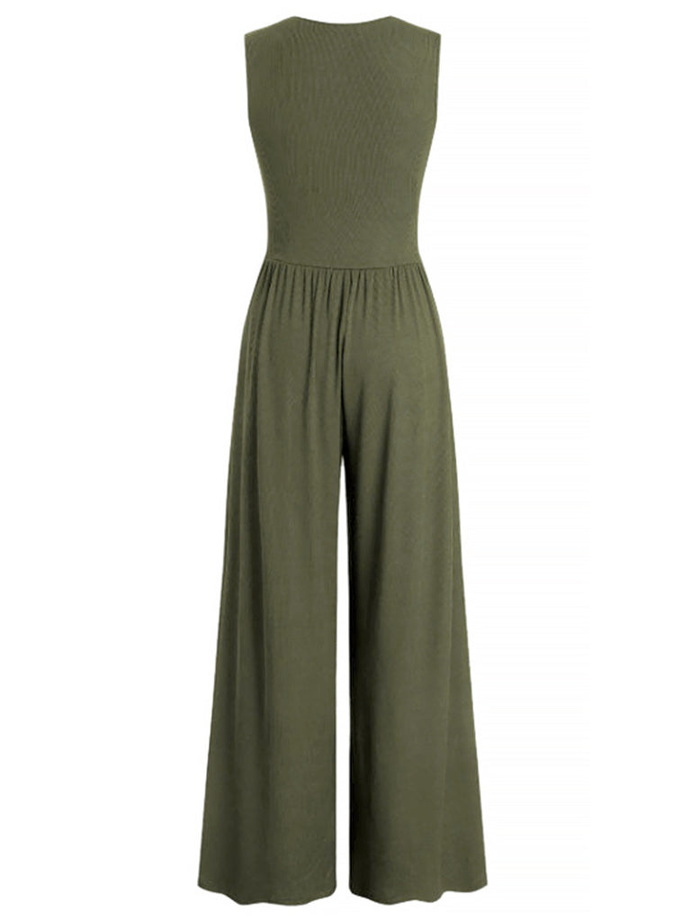 1950s Solid Wrinkled Deep V-Neck Jumpsuit