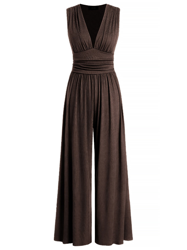 1950s Solid Wrinkled Deep V-Neck Jumpsuit