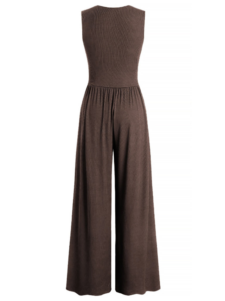 1950s Solid Wrinkled Deep V-Neck Jumpsuit