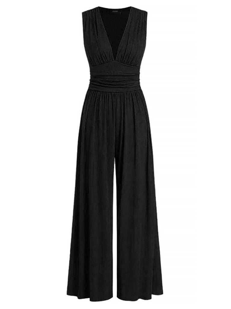 1950s Solid Wrinkled Deep V-Neck Jumpsuit