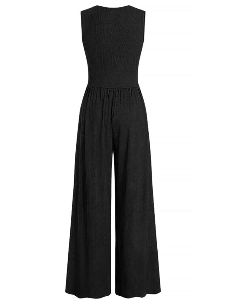 1950s Solid Wrinkled Deep V-Neck Jumpsuit