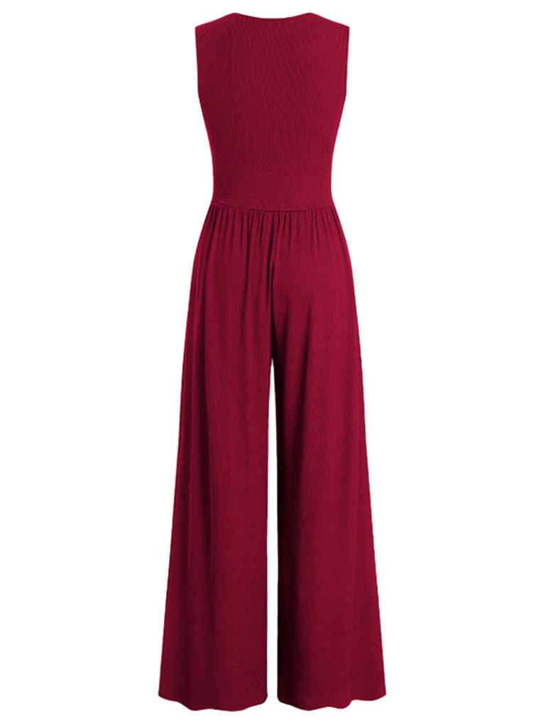 1950s Solid Wrinkled Deep V-Neck Jumpsuit