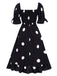 Black 1940s Ruffle Cuffs Polka Dots Smocked Dress