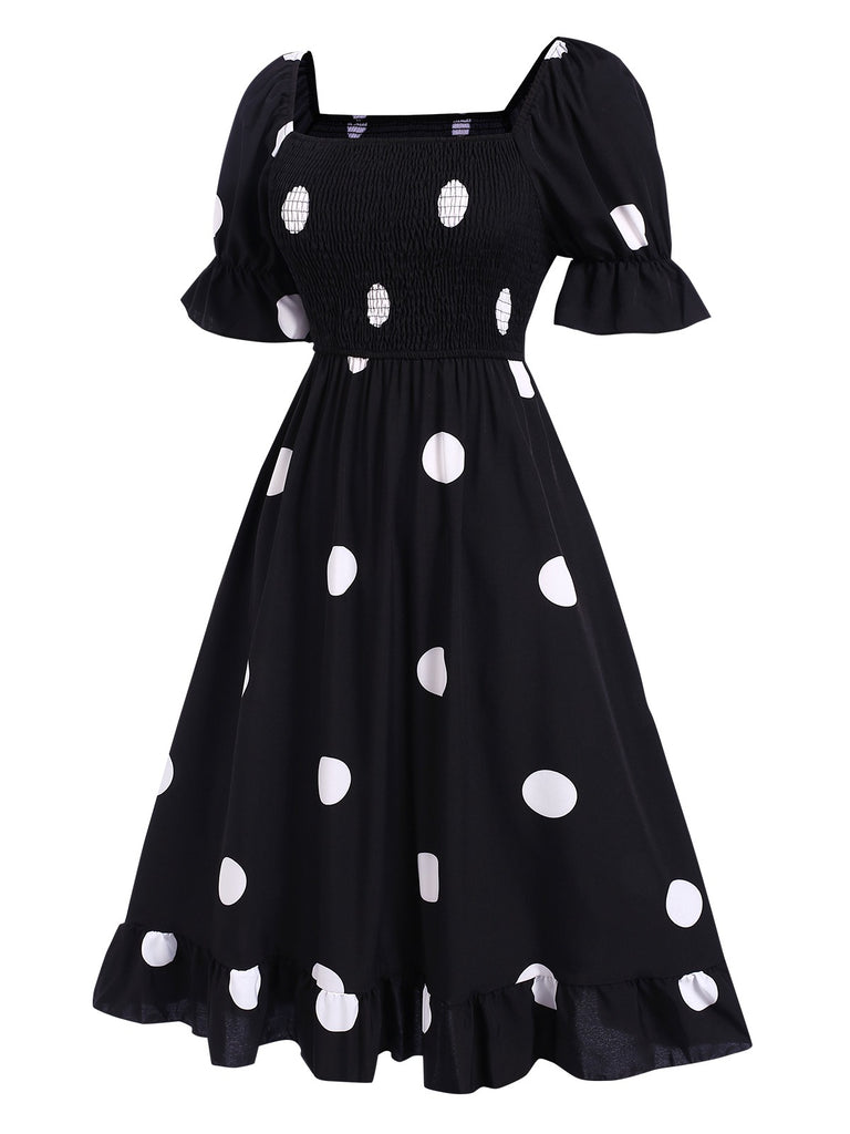 Black 1940s Ruffle Cuffs Polka Dots Smocked Dress