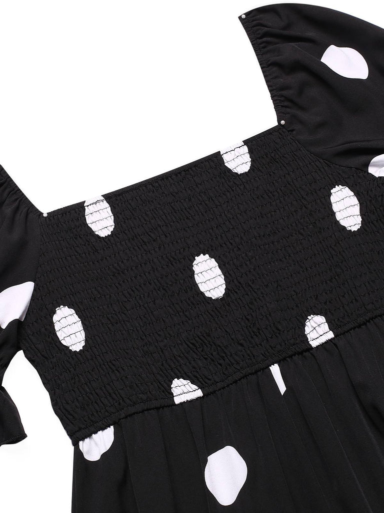 Black 1940s Ruffle Cuffs Polka Dots Smocked Dress