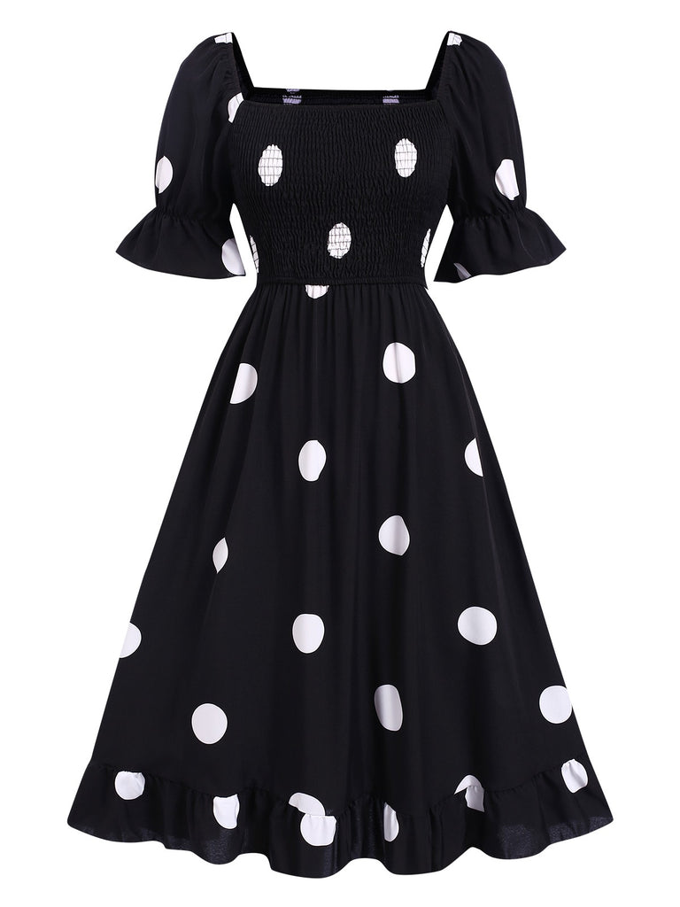 Black 1940s Ruffle Cuffs Polka Dots Smocked Dress