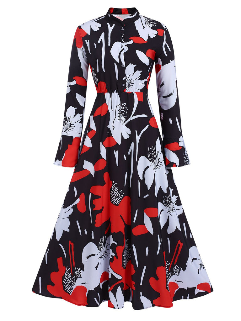 Multicolor 1940s Round Neck Floral A-Line Dress