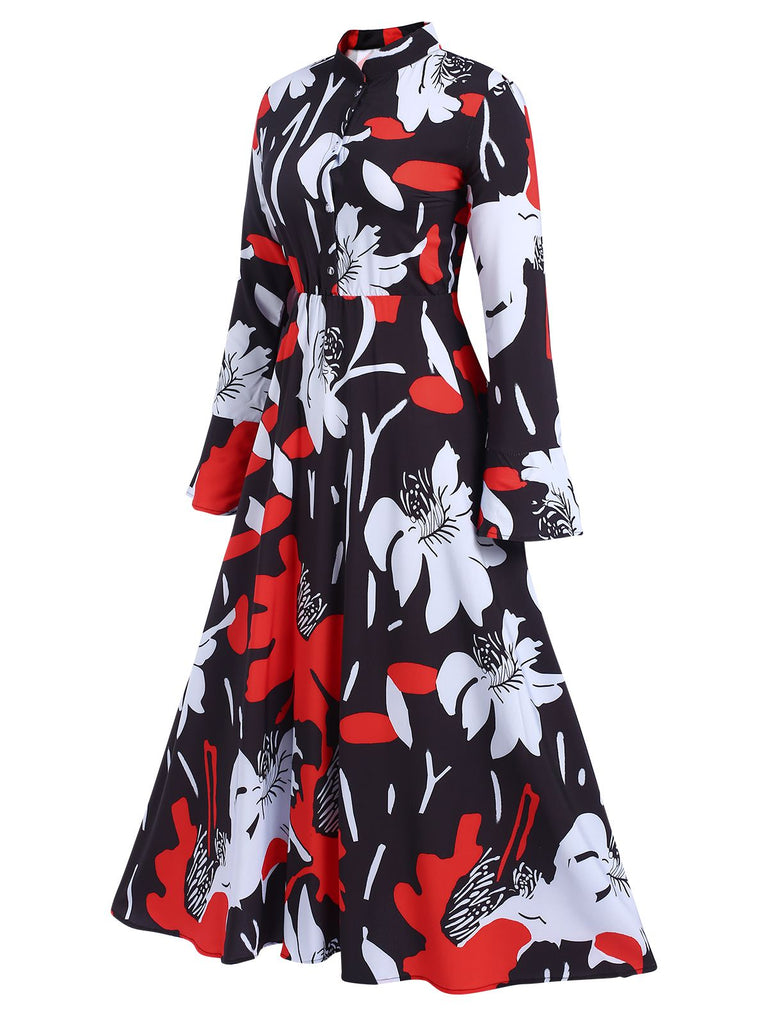 Multicolor 1940s Round Neck Floral A-Line Dress