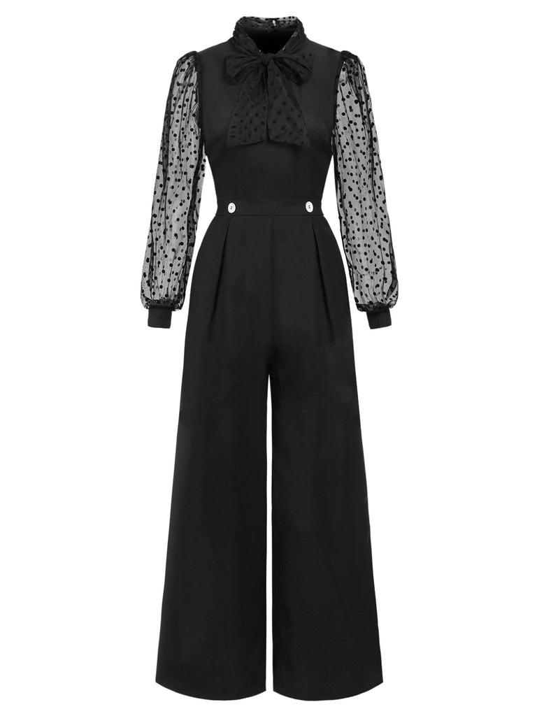 [Pre-Sale] Black 1930s Polka Dot Mesh Tie Neck Jumpsuit